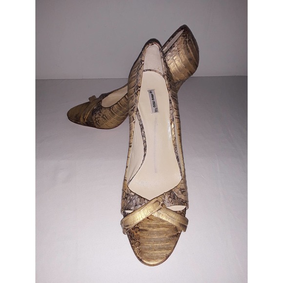 Miu Miu Snakeskin with Metallic Gold Highlights Open Toe Pumps 37 IT - Picture 1 of 11